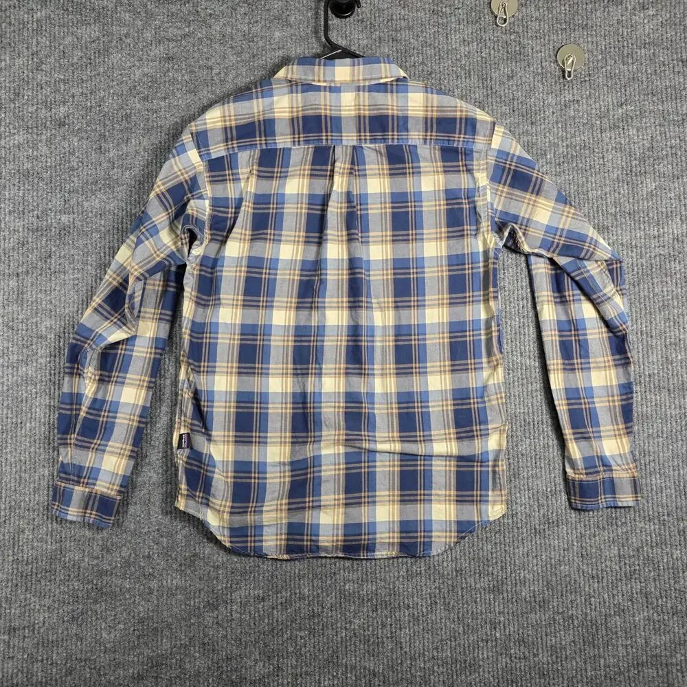 Patagonia Plaid‎ Button Up Shirt Medium Organic Cotton Blue Tan Outdoor Hiking